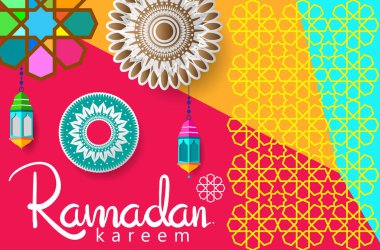 Ramazan Kareem tatil kartı renkli vektör Illustration. Arapça tarzı tatil afiş şablon. 