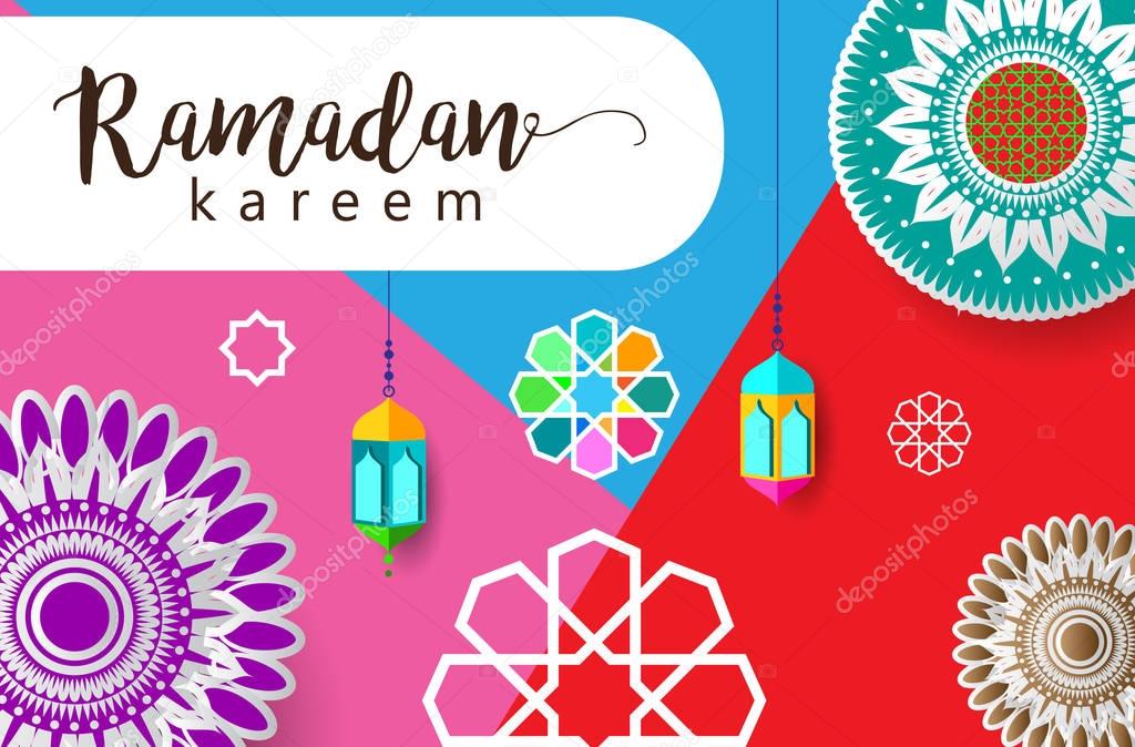 Colorful vector illustration of Ramadan Kareem holiday card. Holiday banner template in Arabic style. 