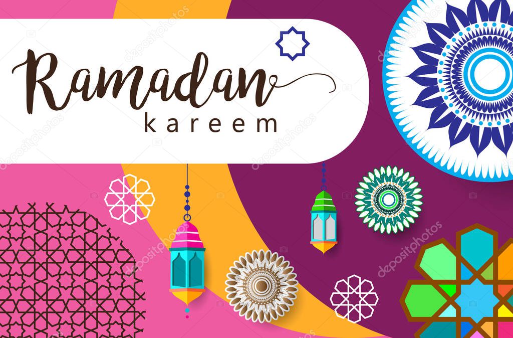 Colorful vector illustration of Ramadan Kareem holiday card. Holiday banner template in Arabic style. 