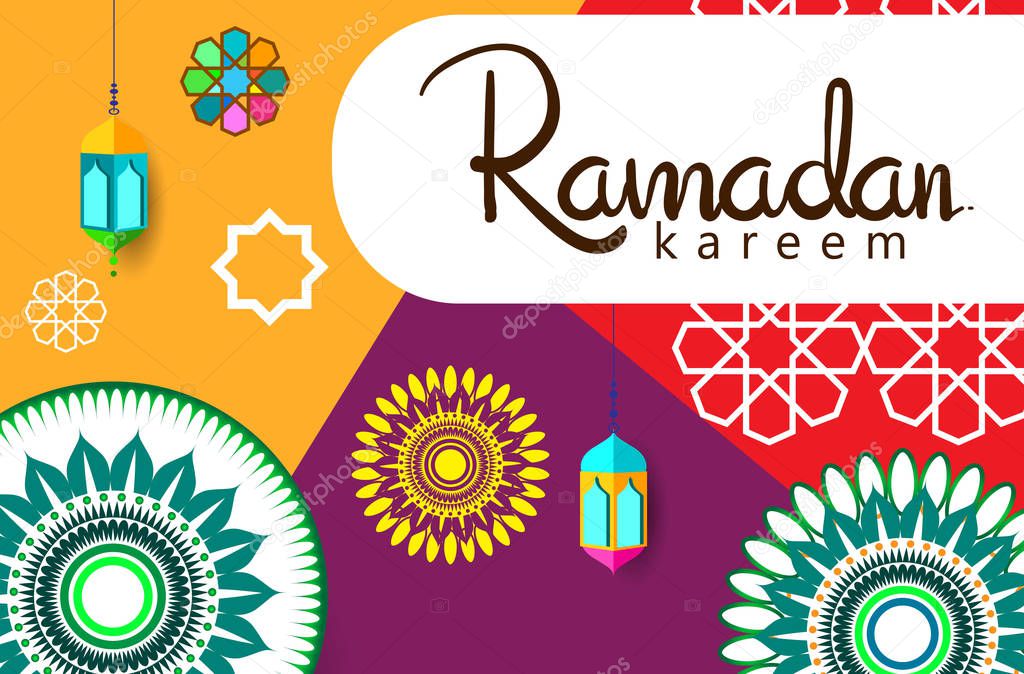 Colorful vector illustration of Ramadan Kareem holiday card. Holiday banner template in Arabic style. 