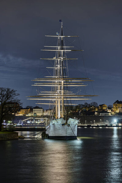 The three-mast sailing ship Af Chapman an old school ship is moored at   quay at the islet Skeppsholmen in Stockholm
