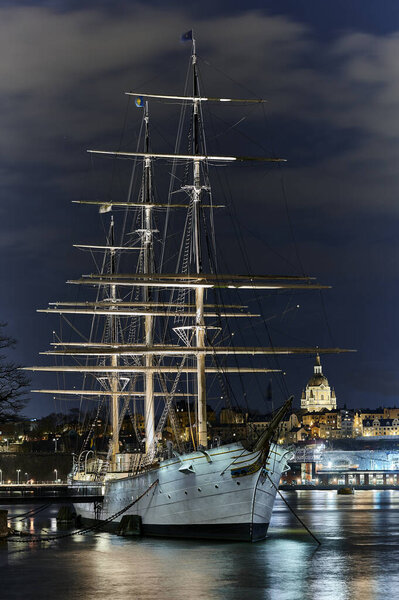 The three-mast sailing ship Af Chapman an old school ship is moored at   quay at the islet Skeppsholmen in Stockholm