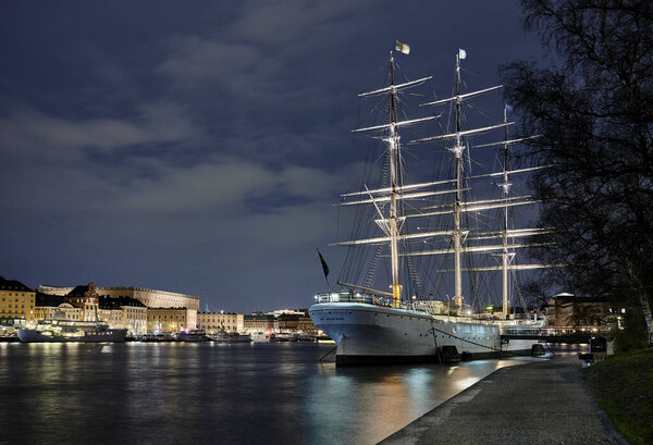 The three-mast sailing ship Af Chapman an old school ship is moored at   quay at the islet Skeppsholmen in Stockholm