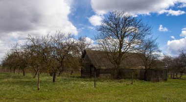 Belarus köyün spri arka plan üzerinde ahşap ev