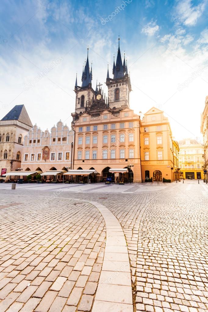 Prague. Tyn Cathedral of the Virgin Mary at sunrise.