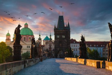 Prague, Çek Cumhuriyeti. Charles Köprüsü ile onun heykelciği gündoğumu.