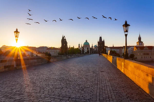 Prague, Czech Republic. Charles Bridge with its statuette at sunrise. — Stock Photo, Image