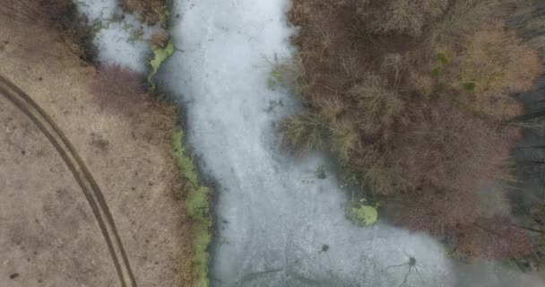 Полет над полем с болотами и озерами зимой. Вид с воздуха. Видео 4k — стоковое видео