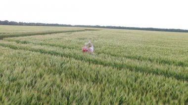 İki kadın bir kucaklama buğday alanında bir kırmızı ve mavi elbise duran sarı saçlı.