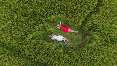 İki kadın bir kırmızı ve mavi elbiseli sarı saçlı buğday alanında yalan söylüyorsun.