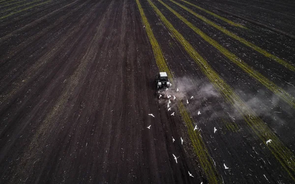트랙터가 봄철에 밭을 경작하는 모습, 공중에서 본 광경 — 스톡 사진