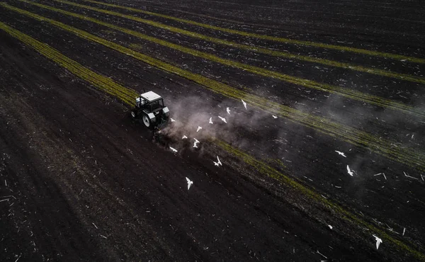 Campo de cultivo de trator na primavera, vista aérea — Fotografia de Stock