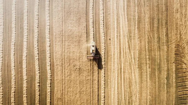 Harvester working in field and mows wheat. Ukraine. Aerial view. — Stock Photo, Image