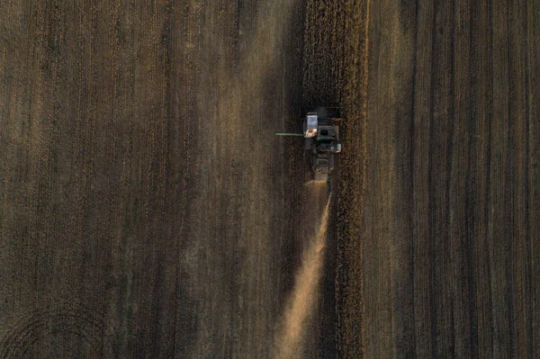 Récolteuse travaillant dans les champs et fauche le blé. Ukraine. Vue aérienne . — Photo