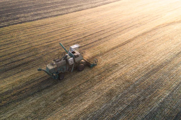 Récolteuse travaillant dans les champs et fauche le blé. Ukraine. Vue aérienne . — Photo