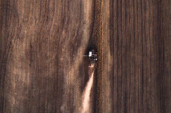 Harvester working in field and mows wheat. Ukraine. Aerial view.