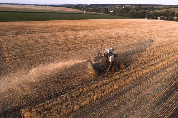 Maaimachine werkt in veld en maait tarwe. Oekraïne. Luchtfoto. — Stockfoto