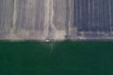 Tahıl için daha fazla alay römork içine dökülen birleştirmek hasat havadan görünümü.