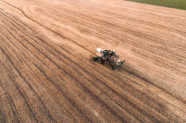 Raccoglitore che lavora in campo e falcia il grano. Ucraina. Vista aerea . — Foto Stock