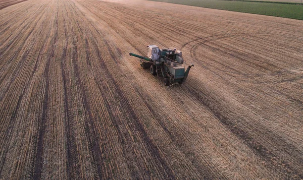 Récolteuse travaillant dans les champs et fauche le blé. Ukraine. Vue aérienne . — Photo