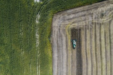 Hasat Mısır ile yeşil bir alanın yanındaki bir alanda bir ürün hasat. Ukrayna. Havadan görünümü.