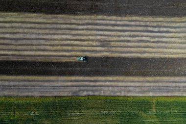 Hasat Mısır ile yeşil bir alanın yanındaki bir alanda bir ürün hasat. Ukrayna. Havadan görünümü.
