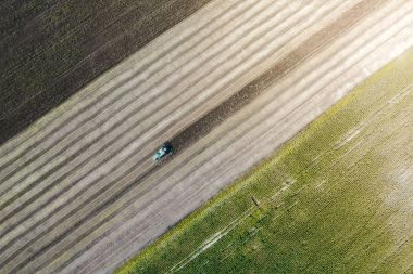 Hasat Mısır ile yeşil bir alanın yanındaki bir alanda bir ürün hasat. Ukrayna. Havadan görünümü.