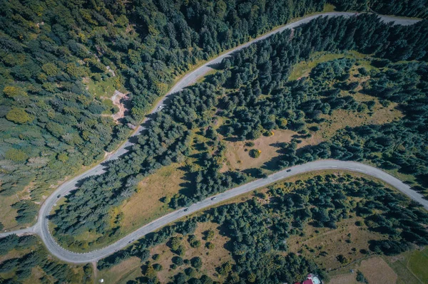 Вид з повітря над гірською дорогою, що проходить через лісовий пейзаж — стокове фото