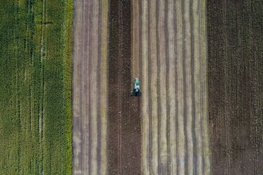 Hasat Mısır ile yeşil bir alanın yanındaki bir alanda bir ürün hasat. Ukrayna. Havadan görünümü.
