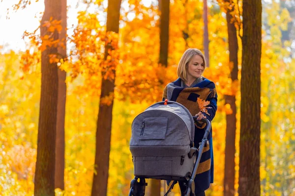 Eine junge Mutter mit Kinderwagen spaziert durch den Herbstpark — Stockfoto