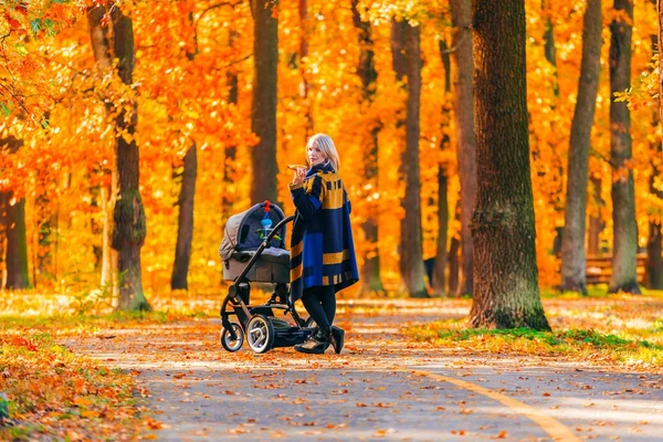 Una joven madre con un cochecito camina por el parque de otoño de vuelta a la cámara . — Foto de Stock