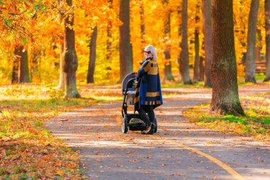 Genç bir anne bir bebek arabası ile sonbahar parktan tekrar fotoğraf yürür..