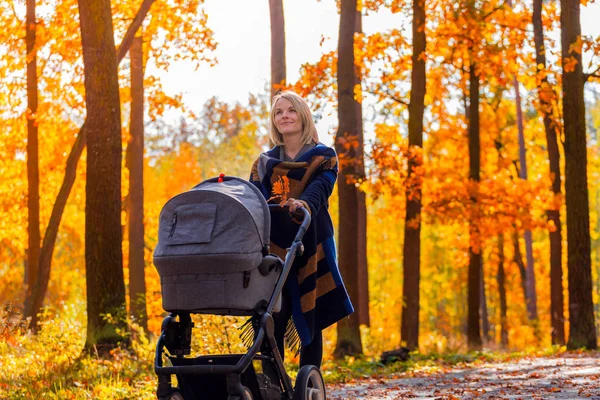 Genç bir anne bir bebek arabası ile sonbahar parkta yürüyor — Stok fotoğraf
