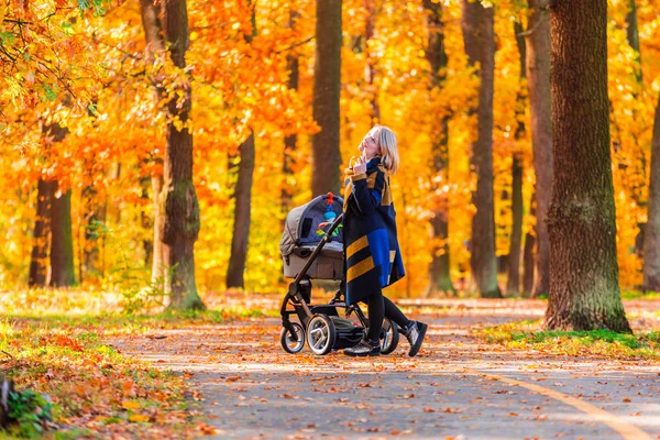 Una joven madre con un cochecito camina por el parque de otoño de vuelta a la cámara . — Foto de Stock