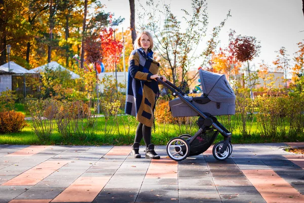 Una giovane madre con un passeggino cammina nel parco autunnale — Foto Stock