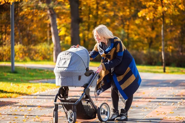 Genç bir anne bir bebek arabası ile sonbahar parkta yürüyor — Stok fotoğraf