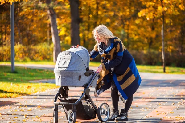 Eine junge Mutter mit Kinderwagen spaziert durch den Herbstpark — Stockfoto