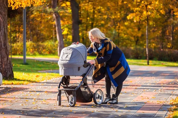 Genç bir anne bir bebek arabası ile sonbahar parkta yürüyor — Stok fotoğraf