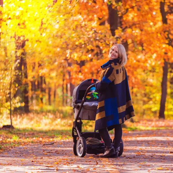 Una giovane madre con un passeggino cammina nel parco autunnale — Foto Stock