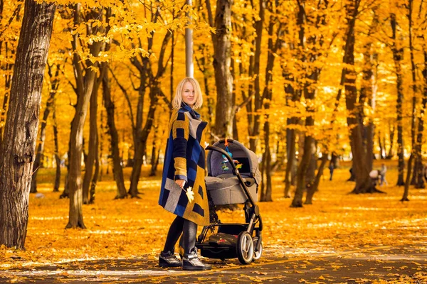 Mladá matka s kočárek procházky podzimní park — Stock fotografie