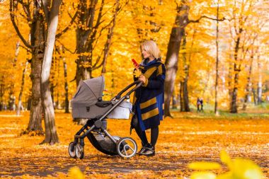 Parkta bir cep telefonu bakarak bir bebek arabası ile genç anne