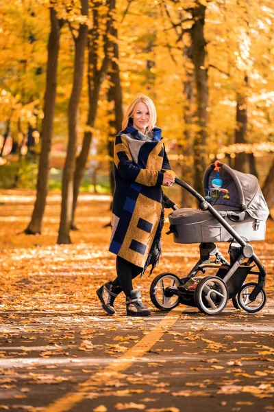 Una joven madre con un cochecito pasea por el parque de otoño — Foto de Stock