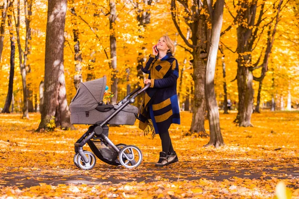 Una giovane madre con un passeggino parla sul suo cellulare mentre cammina nel parco — Foto Stock