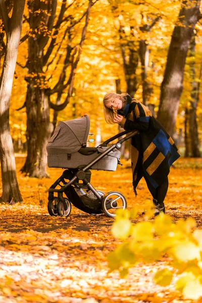 Una joven madre con un cochecito pasea por el parque de otoño — Foto de Stock