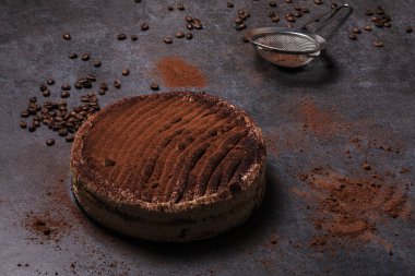 Karanlık bir arka plan üzerinde İtalyan tatlı tiramisu