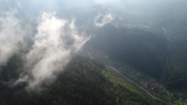 Sorvolando le alte montagne con pineta in splendide nuvole. Vista aerea — Video Stock