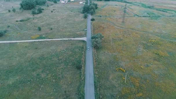 Vista aérea da estrada entre campos verdes . — Vídeo de Stock