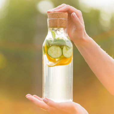 İçki limon ve nane ile yeşil çim zemin üzerine salatalık Detoks