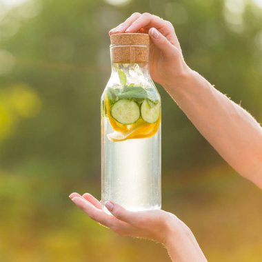 İçki limon ve nane ile yeşil çim zemin üzerine salatalık Detoks