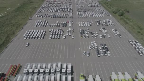 Flygfoto över nya bil lagring parkeringsplats. Parkering vy från ovan. — Stockvideo